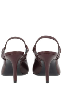 Saint Laurent women’s Écolleté Anne Marie brown burgundy leather slingback heels with braided ankle straps and polished finish