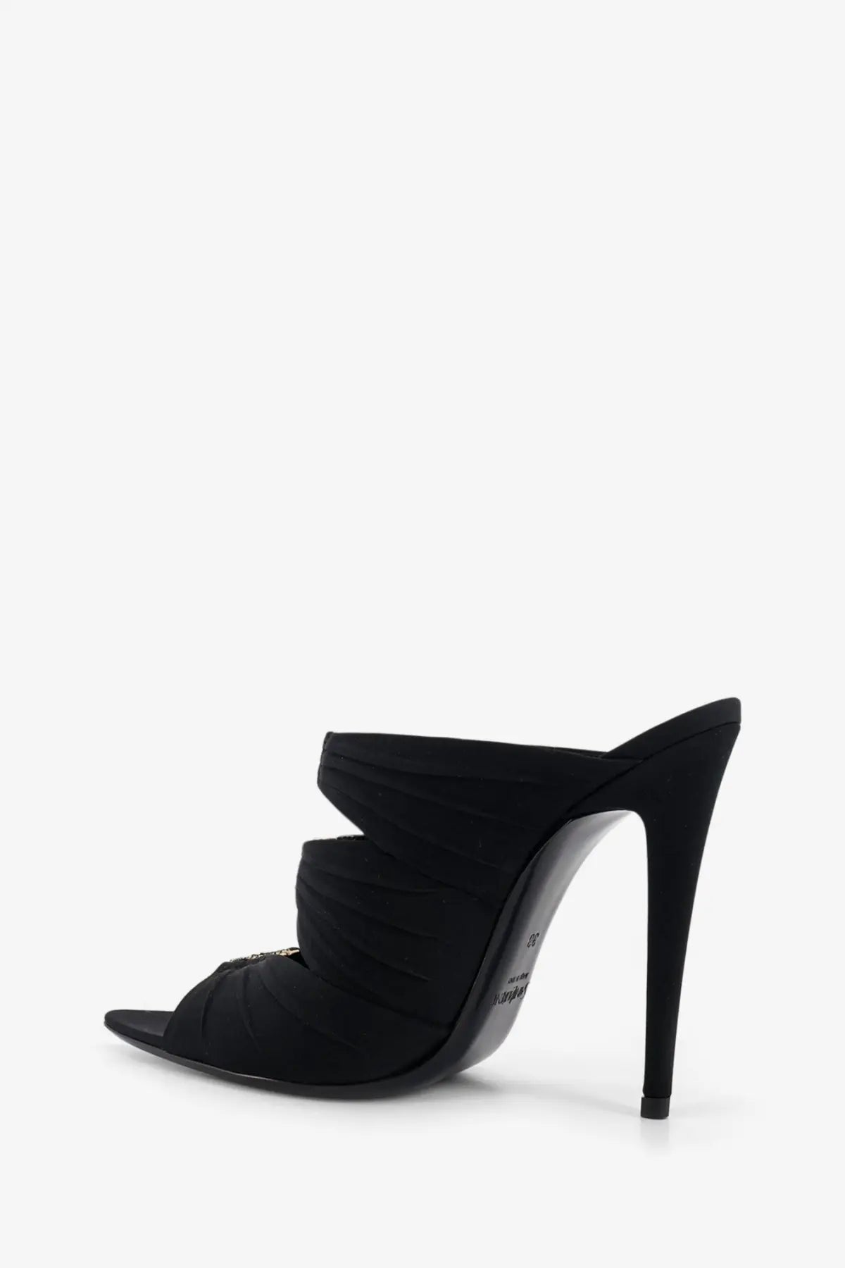 Saint Laurent women’s Emilie black satin mule sandal with high stiletto heel and pleated fabric detailing
