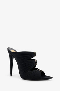 Saint Laurent women’s emilie satin black mule sandals with pleated fabric and gold-tone buckle accents