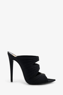 Saint Laurent women’s Emilie black satin slip-on mule sandals with high stiletto heel and pleated fabric straps