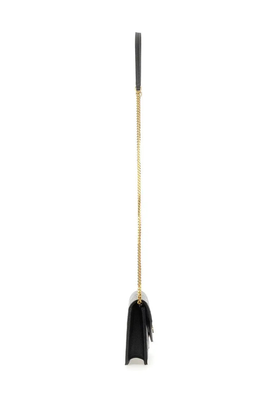 Saint Laurent women’s envelope Cassandre wallet black leather crossbody bag with gold tone chain strap