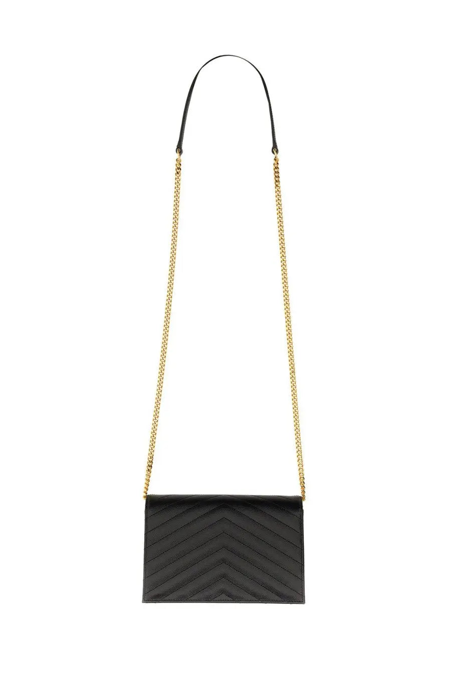 Saint Laurent women’s envelope Cassandre wallet in black quilted leather with gold-tone chain strap crossbody bag