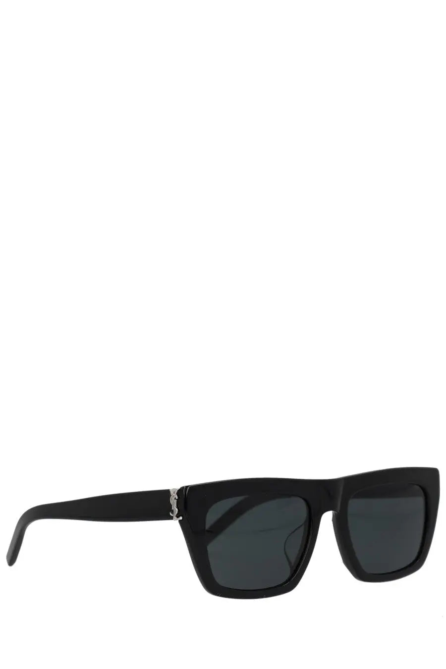 Saint Laurent women’s eyeglass SL M131 black rectangular sunglasses with dark gray lenses and silver YSL logo on temple