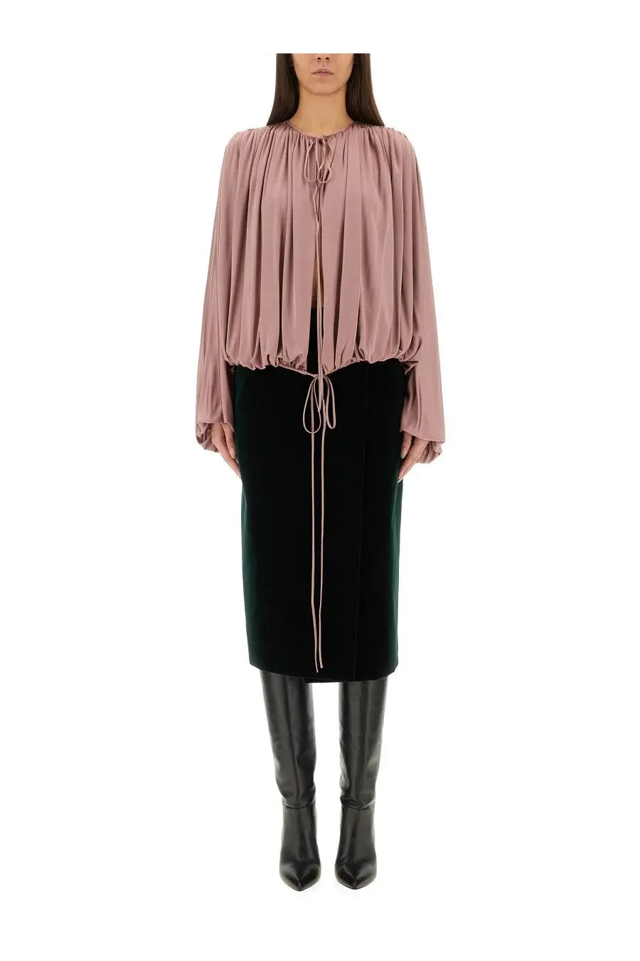 Saint Laurent women’s fluid knit blouse in dusty rose with long sleeves gathered neckline and matching drawstring ties