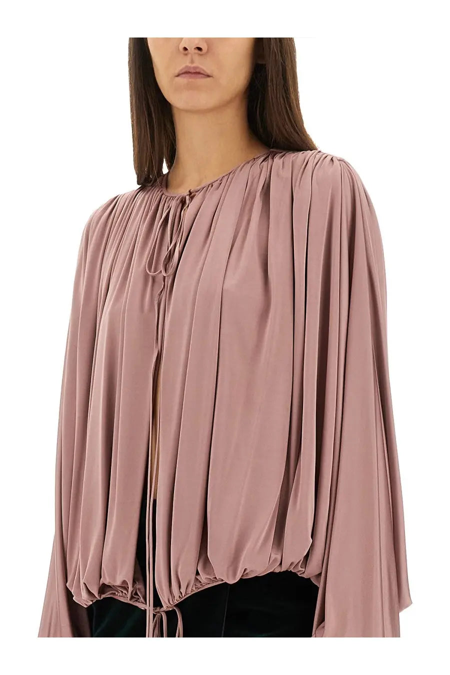 Saint Laurent women’s blue fluid knit blouse with a soft mauve satin gathered neckline and long flowing sleeves