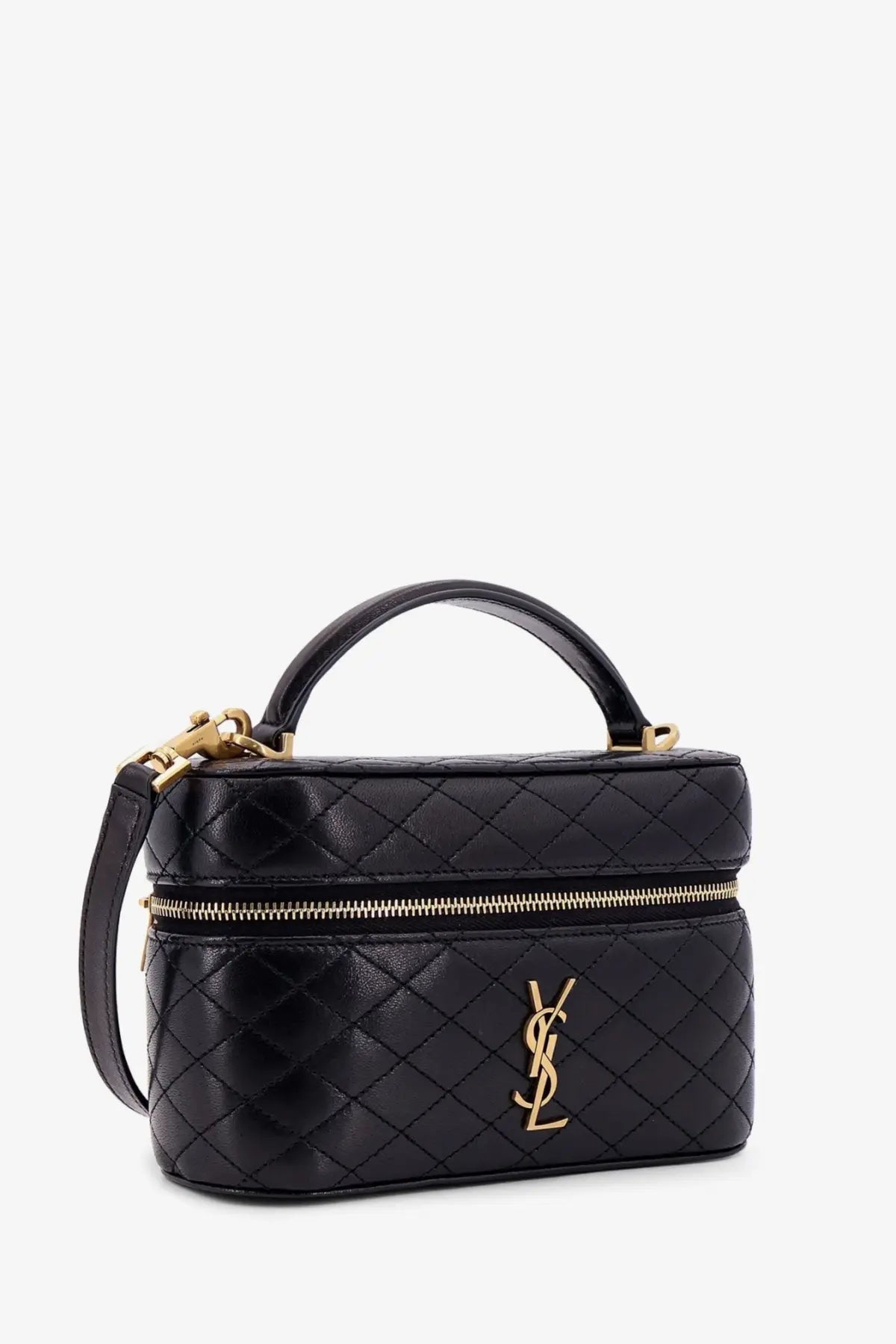 Saint Laurent women’s Gaby vanity bag black quilted leather crossbody with gold-tone YSL logo and hardware