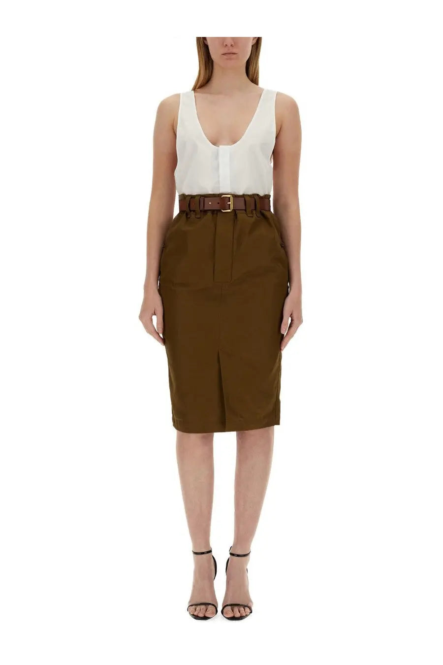 Brown high-waisted pencil skirt with matching belt and front pleats complementing saint laurent henley dinghy white top