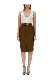 Brown high-waisted pencil skirt with matching belt and front pleats complementing saint laurent henley dinghy white top