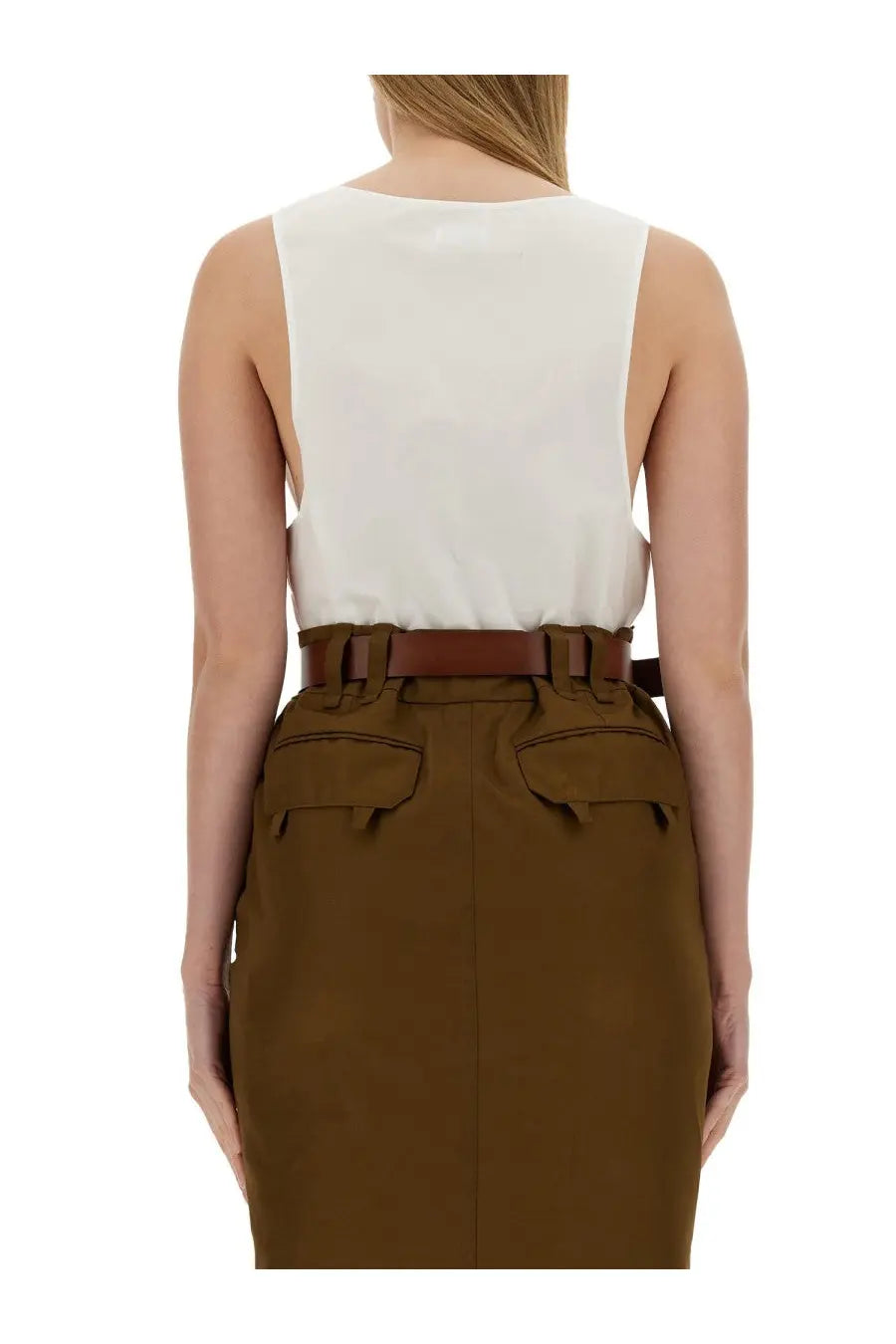 Saint Laurent women’s henley dinghy white skirt with brown leather belt structured buckle and two front pockets