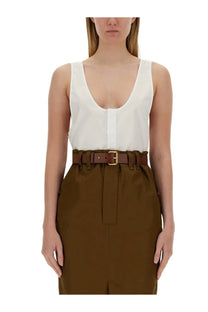 Brown leather belt with gold toned buckle on saint laurent women’s henley dinghy white product