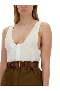 Saint Laurent women’s white sleeveless henley dinghy top with deep v-neckline and vertical seam detail