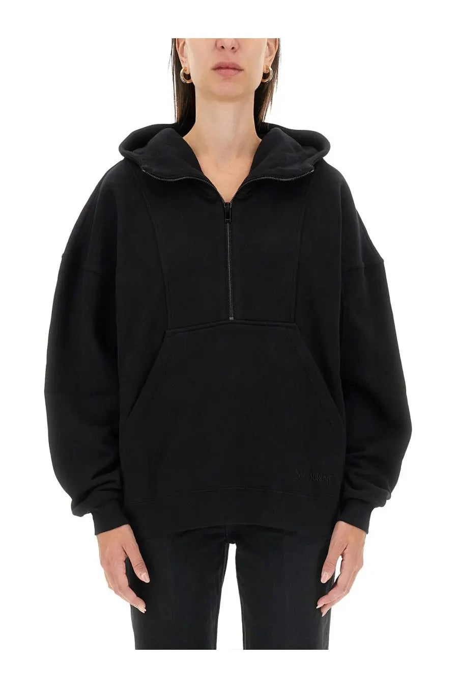 Saint Laurent women’s black oversized zip-front hoodie with relaxed fit and ribbed cuffs in cotton blend material