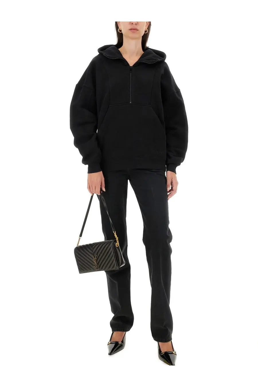 Black quilted leather ysl crossbody bag with gold-tone hardware featured with saint laurent women’s hoodie black