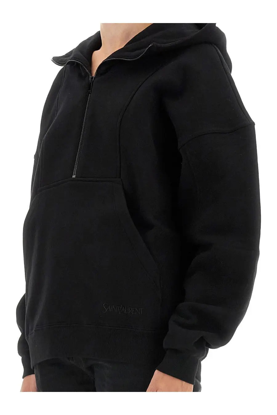 Saint Laurent women’s black hoodie with half-zip front and subtle embroidered logo on lower left side