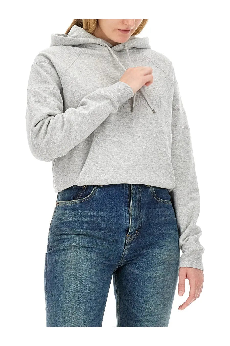 Saint Laurent women’s heather gray cropped hoodie with subtle chest logo and matching drawstrings in soft fabric