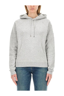 Saint Laurent women’s heather gray long-sleeved hoodie with front pocket and matching drawstrings