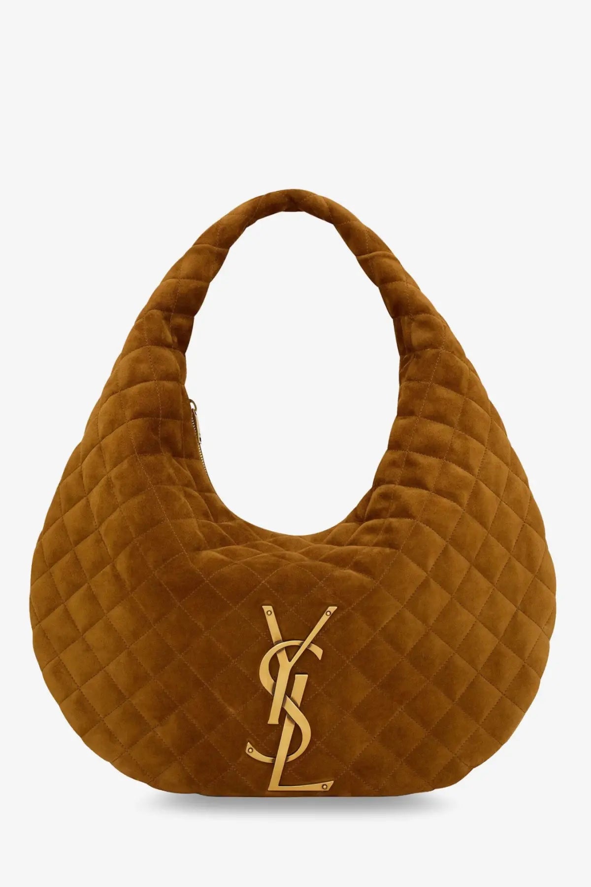 Saint Laurent women’s Icare hobo suede handbag beige with brown quilted velvet and gold-tone YSL logo