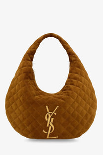 Saint Laurent women’s Icare hobo suede handbag beige with brown quilted velvet and gold-tone YSL logo