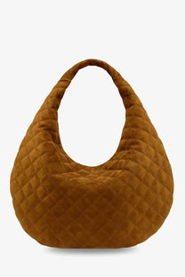 Saint Laurent women’s Icare hobo suede handbag beige with caramel quilted velvet and stitched diamond pattern