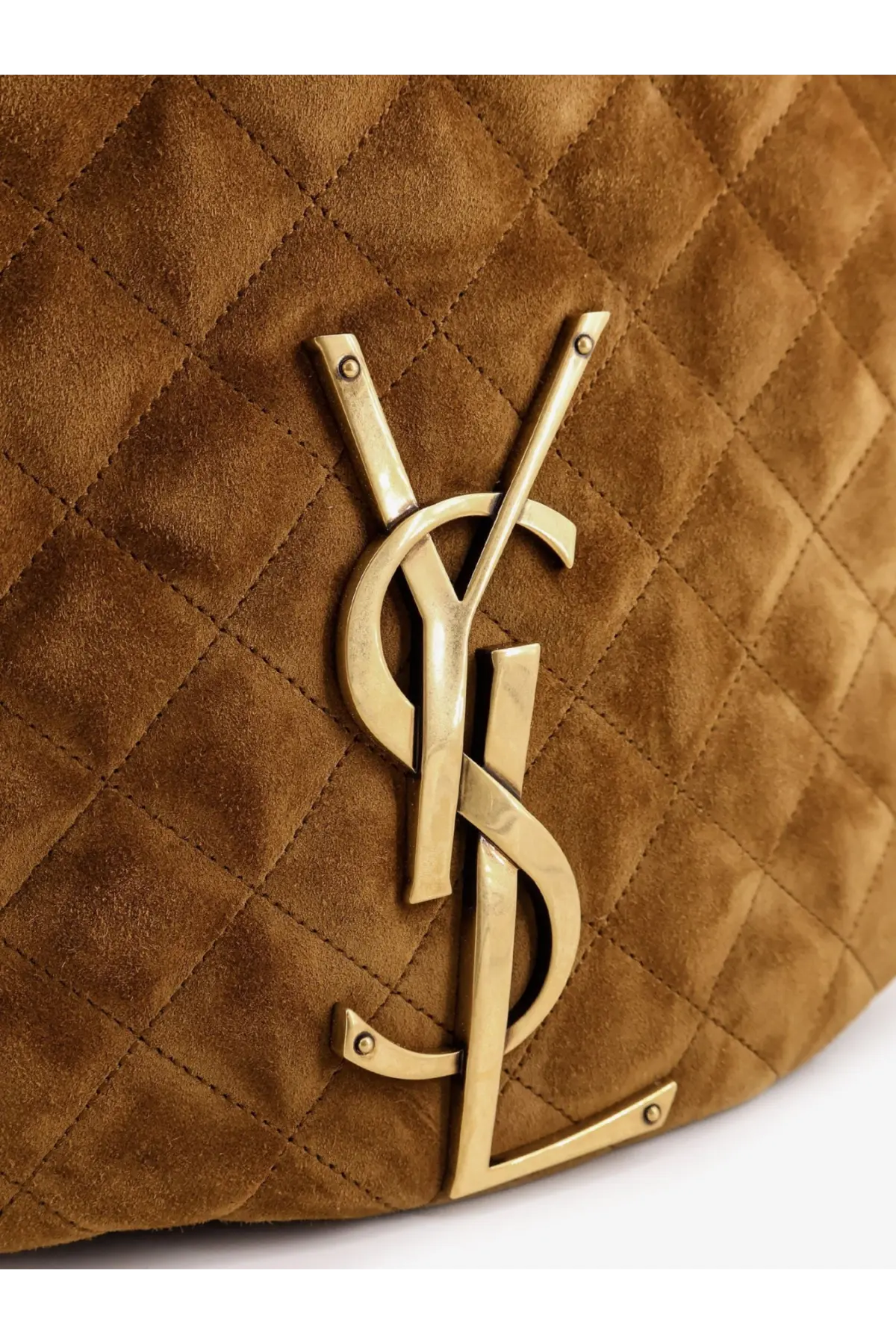 Saint Laurent women’s icare hobo suede handbag beige tan quilted with prominent gold-tone YSL logo emblem