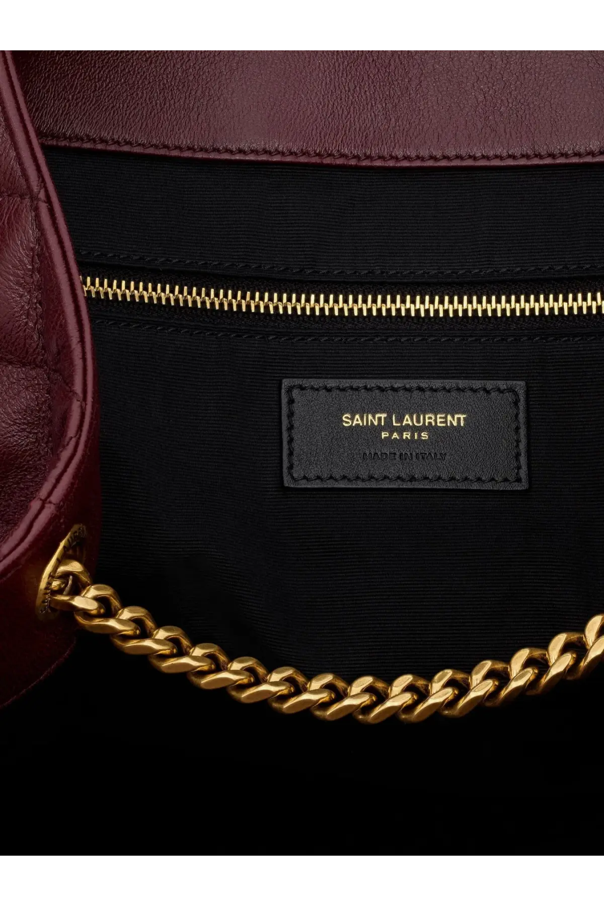 Saint Laurent women’s icare quilted leather handbag in burgundy with gold-tone chain strap and black interior lining