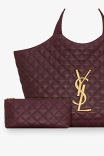Saint Laurent women’s icare burgundy quilted leather tote bag with gold-tone logo and matching clutch