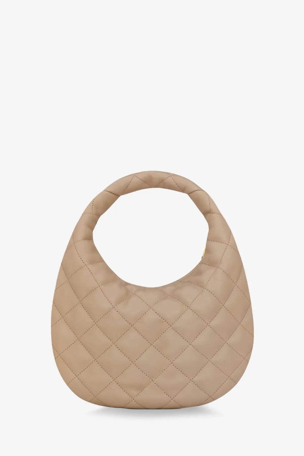 Beige Saint Laurent women’s Icarino leather handbag with quilted diamond stitch and rounded top handle hobo bag style
