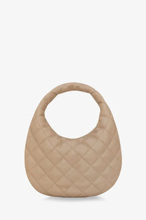 Beige Saint Laurent women’s Icarino leather handbag with quilted diamond stitch and rounded top handle hobo bag style