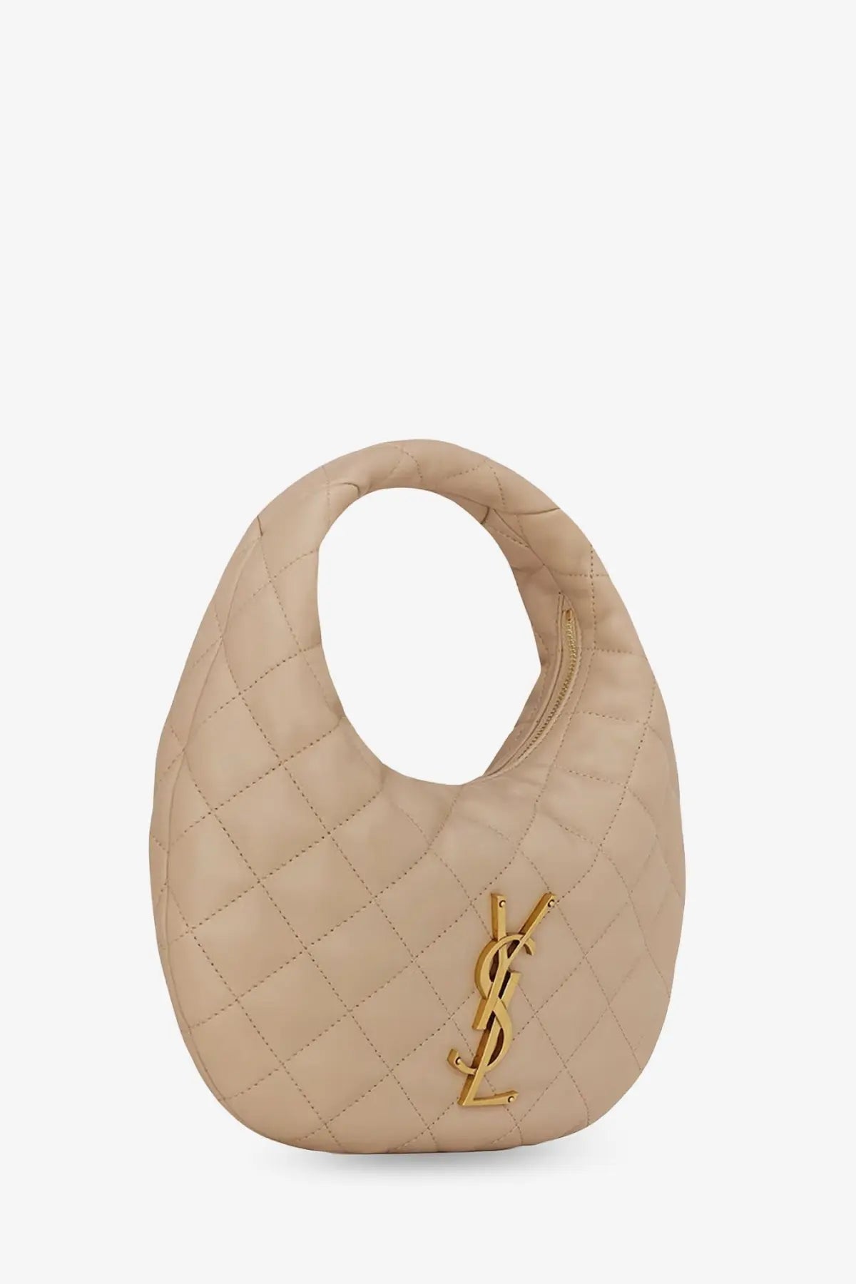 Beige quilted leather Saint Laurent women’s Icarino hobo bag with gold-tone YSL logo front view