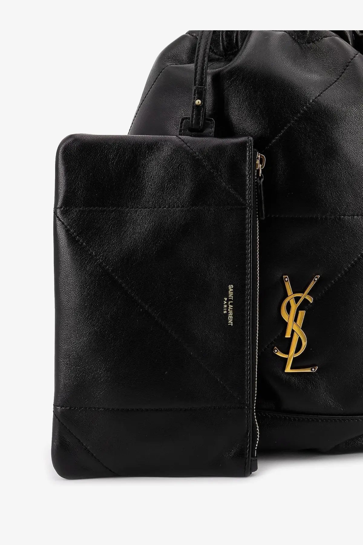 Black leather saint laurent jamie pochon shoulder bag with gold ysl logo and saint laurent paris embossing
