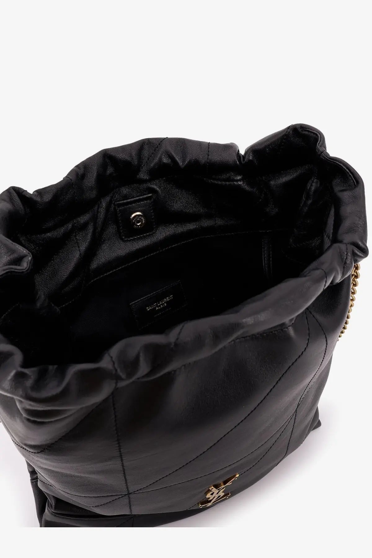 Saint Laurent women’s Jamie Pochon black quilted leather bucket bag with gold-tone YSL logo hardware