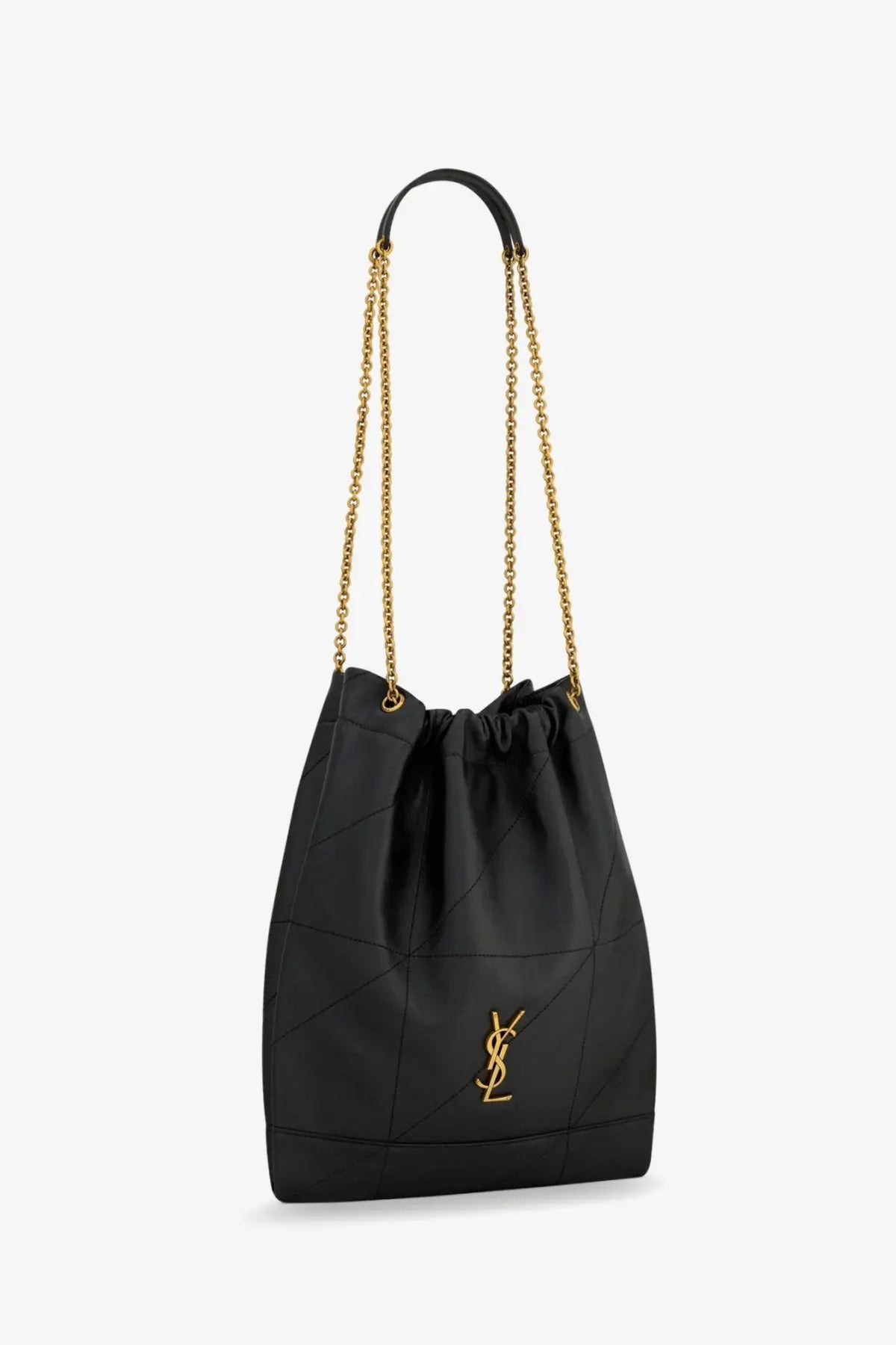 Saint Laurent women’s Jamie Pochon black quilted leather bucket bag with gold-tone chain strap and logo