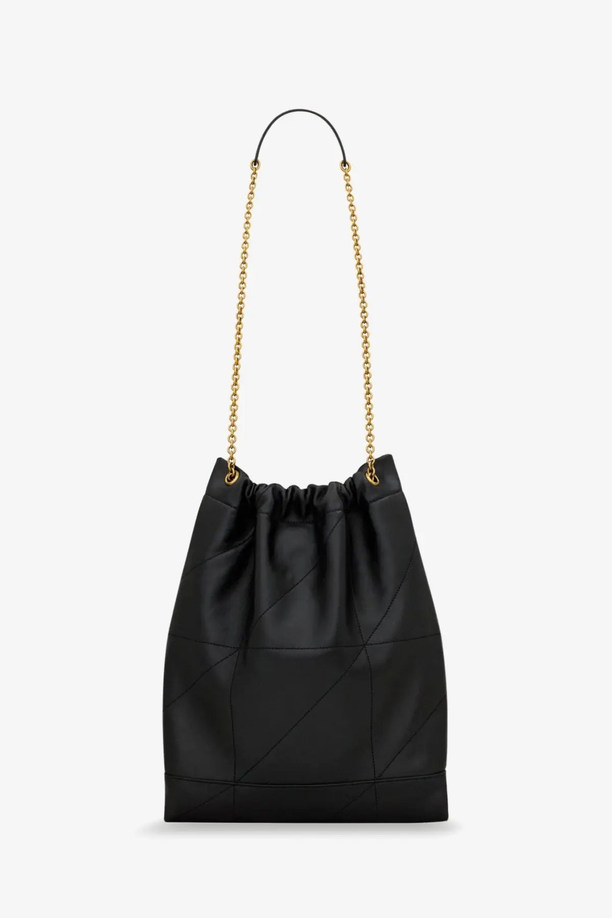 Saint Laurent women’s Jamie Pochon black quilted leather bucket bag with gold-tone chain shoulder strap