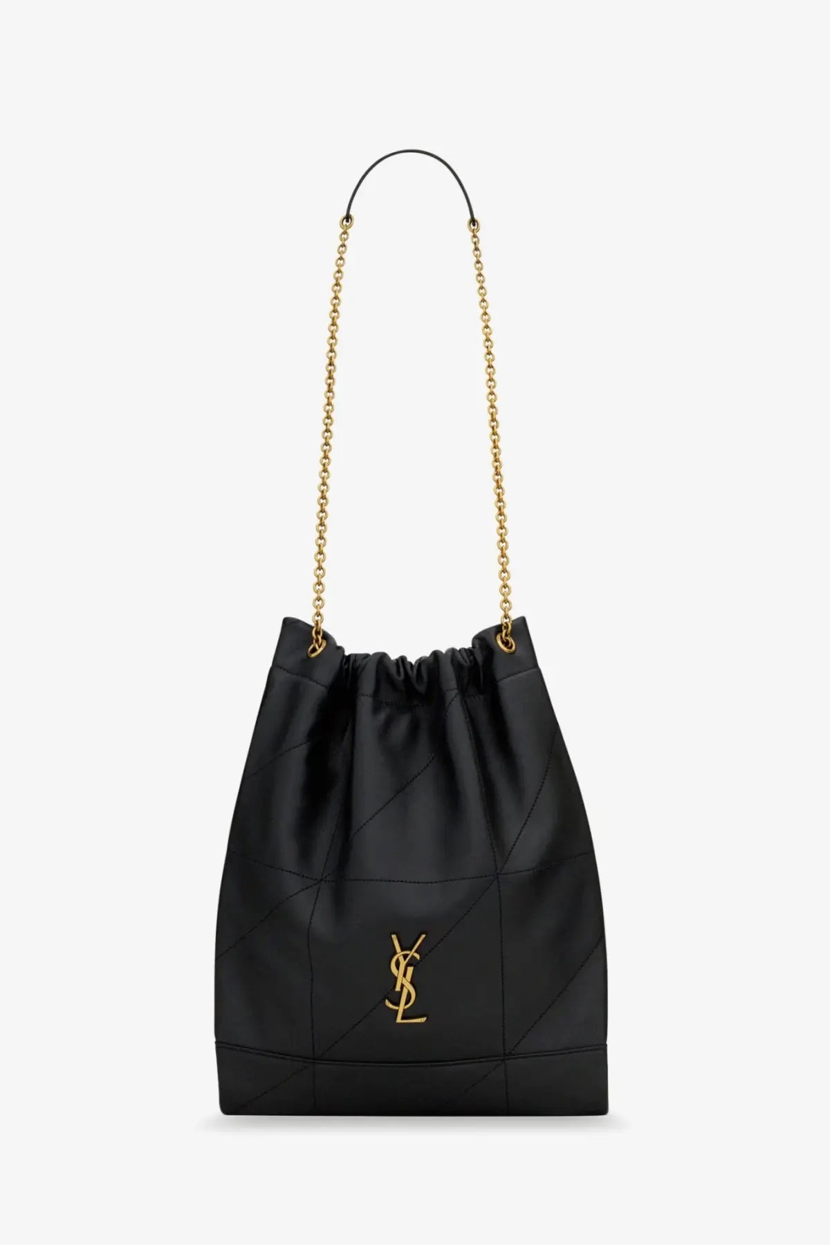 Saint Laurent women’s Jamie Pochon black quilted leather bucket bag with gold-tone chain strap and YSL logo