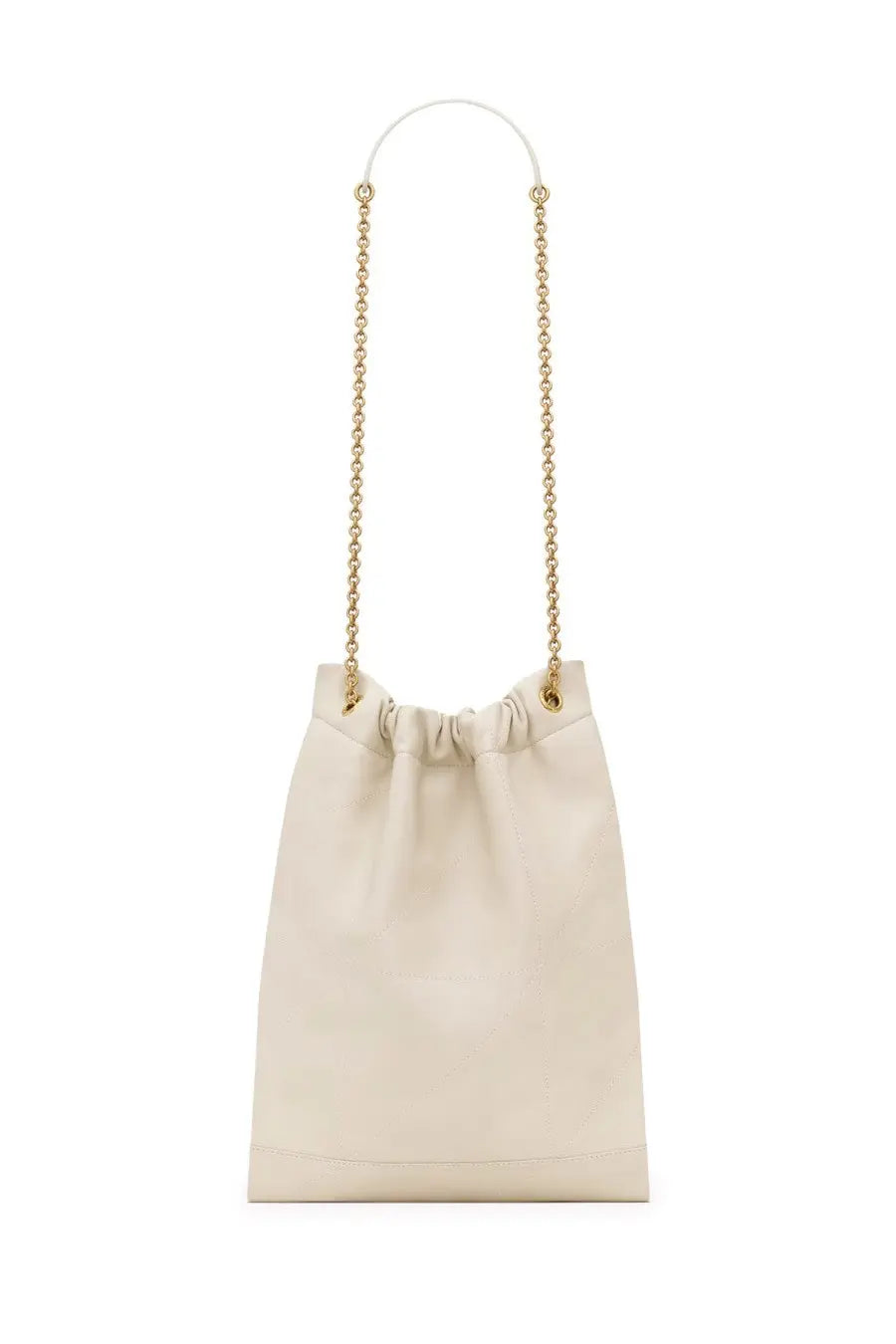 Saint Laurent women’s Jamie ponchon bag in cream leather with gold-tone chain strap and drawstring closure