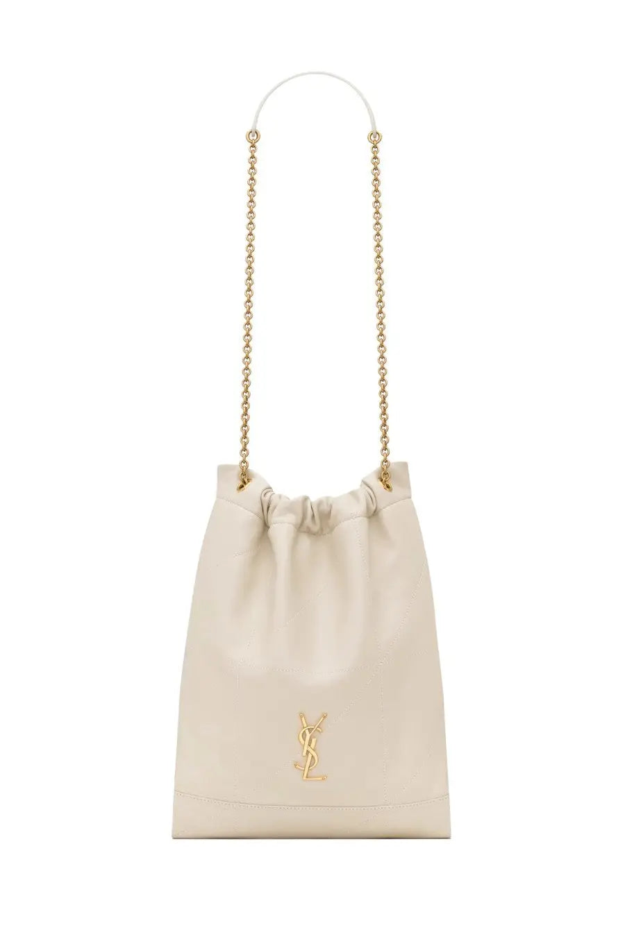 Saint Laurent women’s Jamie Ponchon cream leather bucket bag with gold chain strap and YSL logo emblem