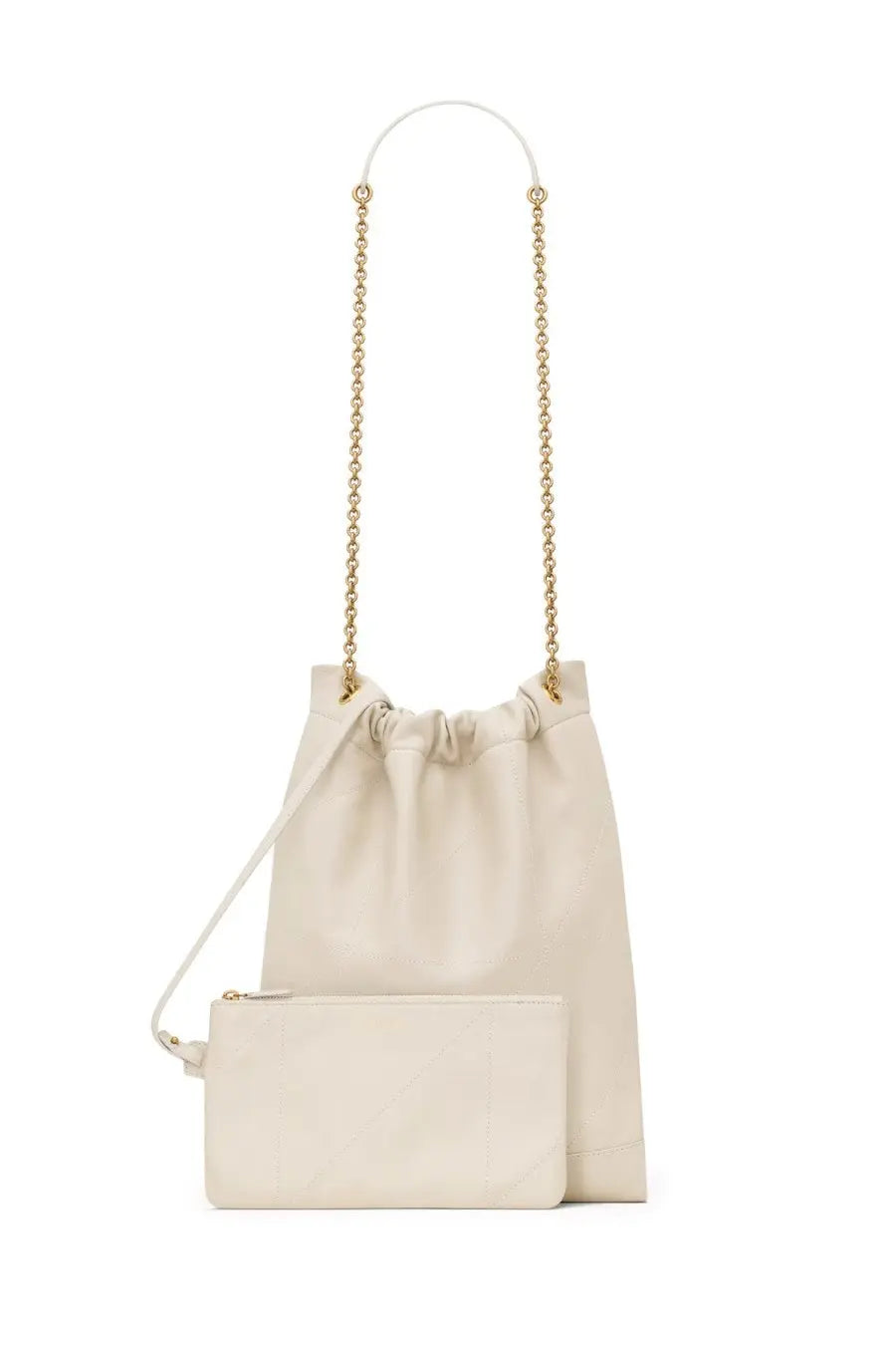 Saint Laurent women’s Jamie ponchon bag in cream leather with gold chain strap and matching small clutch