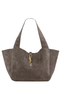 Saint Laurent women’s LE À Bea bag in grey charcoal suede with a gold-tone YSL logo clasp tote bag