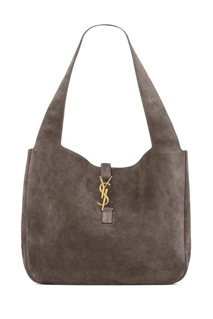 A sleek gray suede saint laurent women’s le à bea bag with a gold tone ysl logo clasp