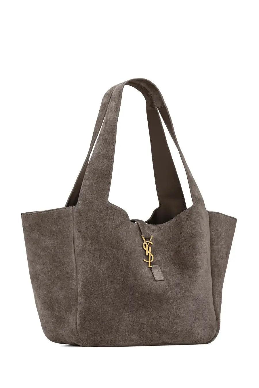 Saint Laurent women’s le à bea taupe suede tote bag with gold-tone YSL logo hardware in grey