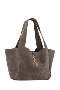 Saint Laurent women’s le à bea taupe suede tote bag with gold-tone YSL logo hardware in grey
