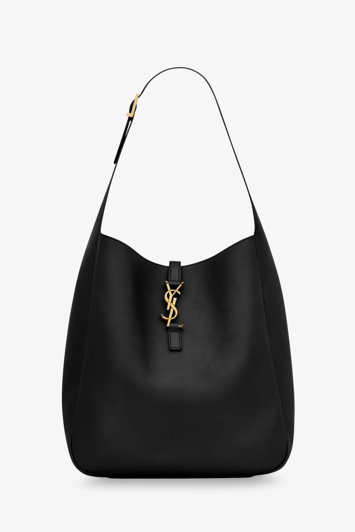 Saint Laurent women’s black leather shoulder bag with gold-tone YSL logo clasp in hammered leather texture