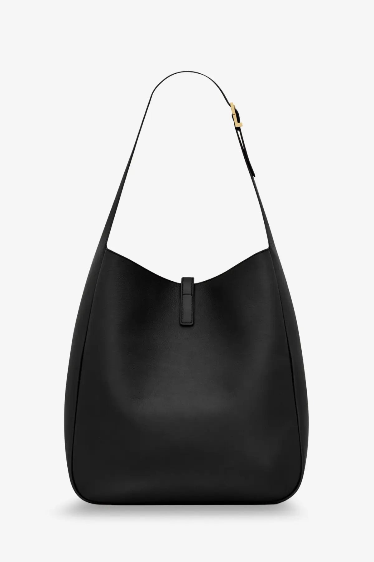 Saint Laurent women’s black leather hobo bag with minimalist design and gold-tone hardware for shoulder wear