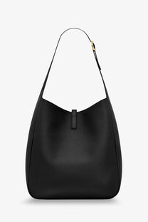 Saint Laurent women’s black leather hobo bag with minimalist design and gold-tone hardware for shoulder wear