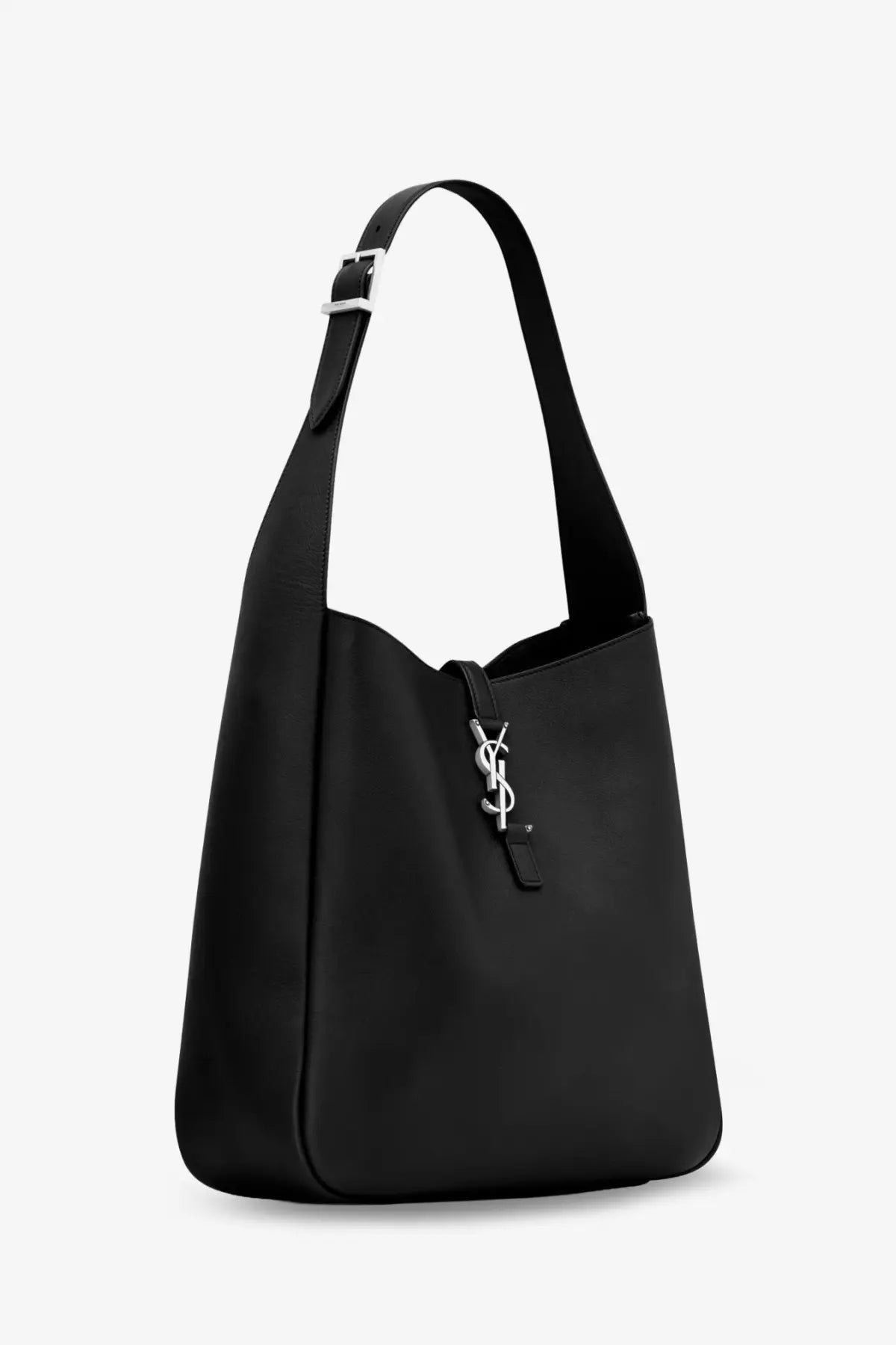 Saint Laurent women’s black leather shoulder bag with silver-tone YSL logo clasp for stylish daily use
