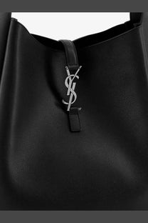 Saint Laurent women’s le à black leather tote bag with silver-tone interlocking logo clasp and shoulder strap