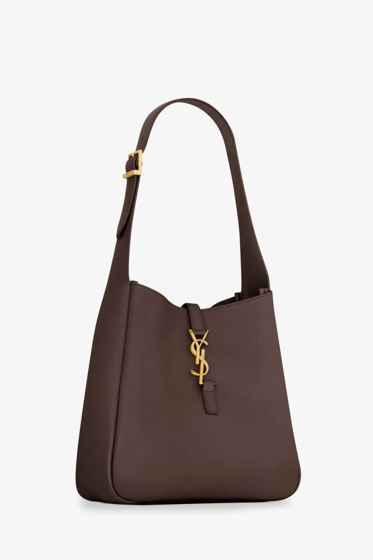 Saint Laurent women’s le à brown leather shoulder bag with a gold tone ysl logo clasp front view