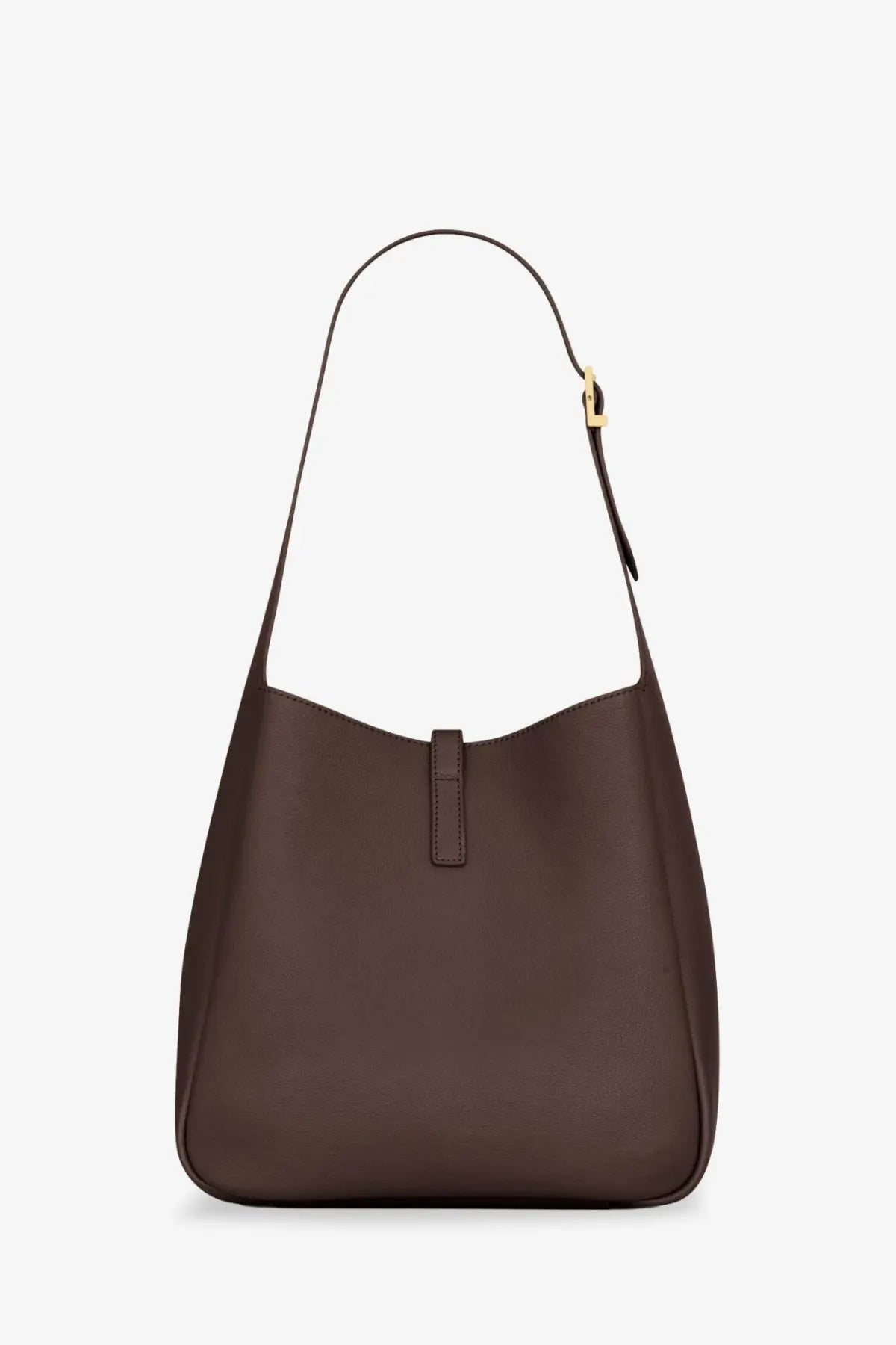 Brown leather hobo bag with gold-tone buckle and minimalist design from Saint Laurent women’s le à collection