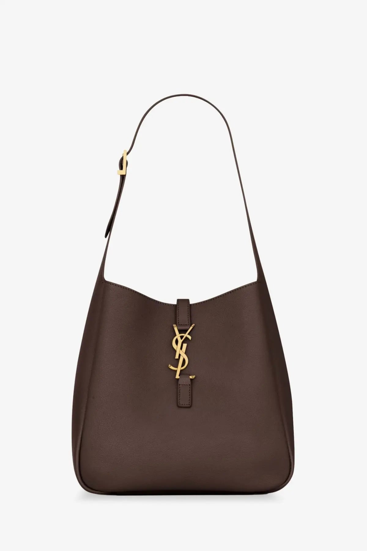 Saint Laurent women’s le à brown leather shoulder bag with gold-tone logo clasp and adjustable strap