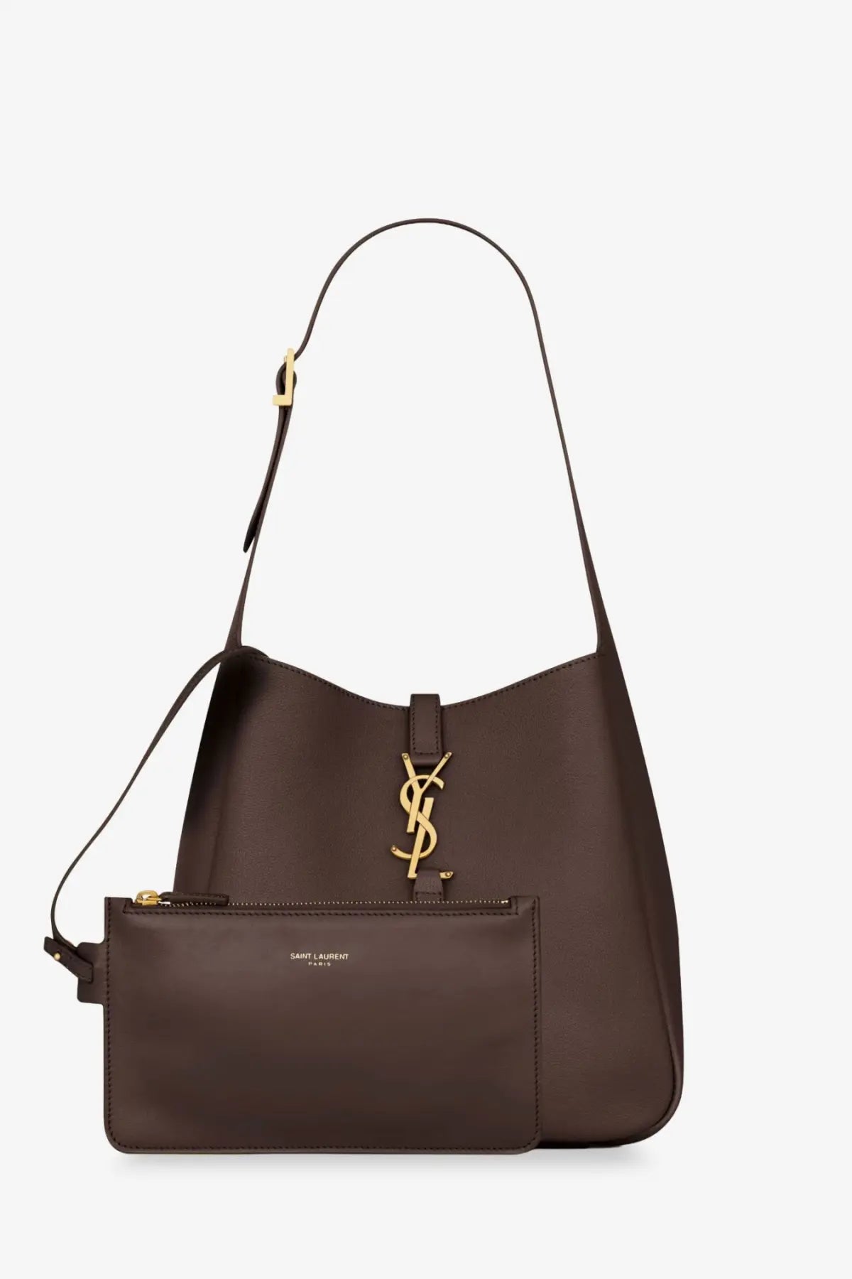 Saint Laurent women’s brown leather shoulder bag with gold-tone logo clasp and detachable matching pouch